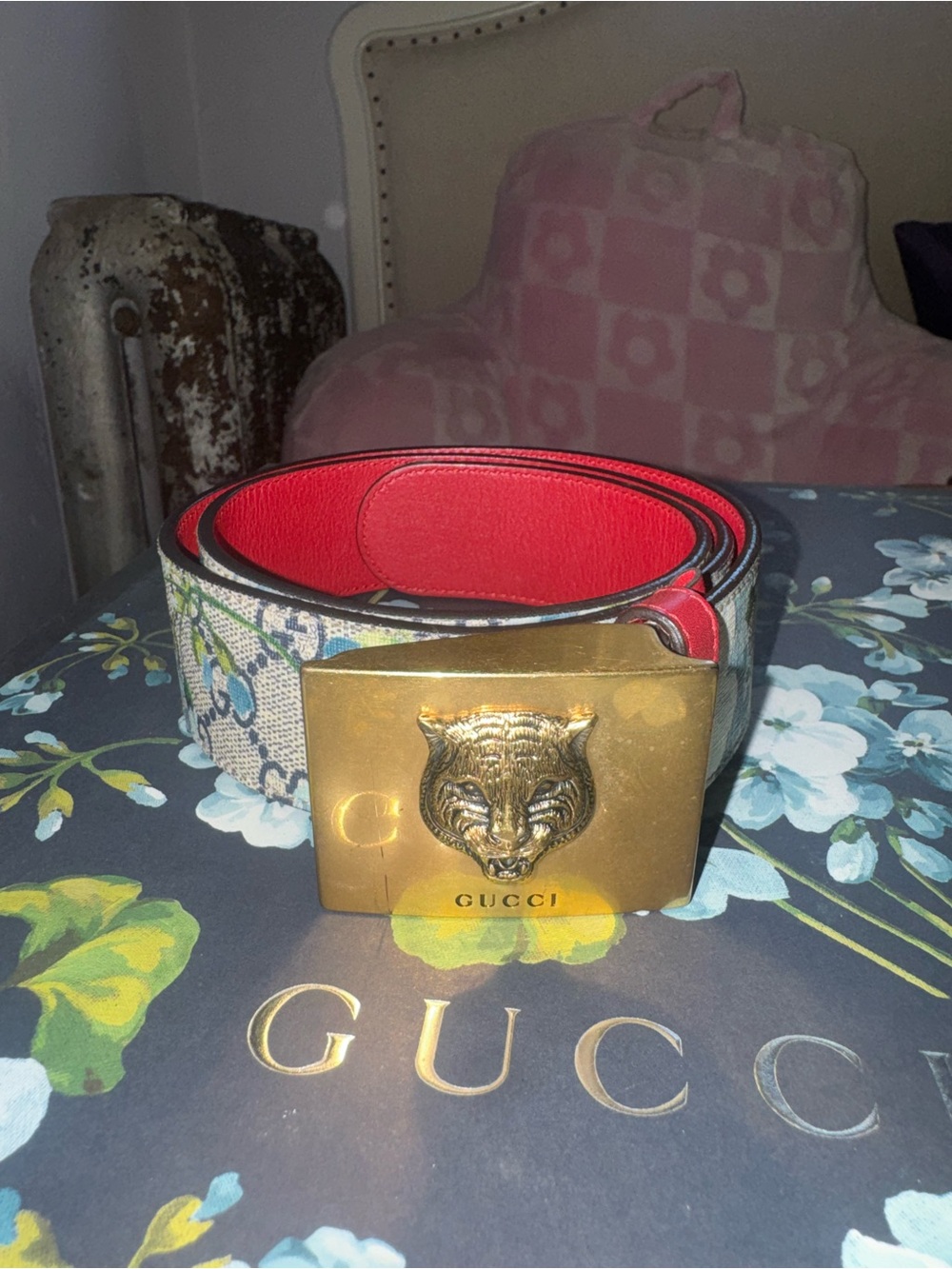 Gucci GG Canvas Belt with Red Leather Interior and Gold Tiger Buckle